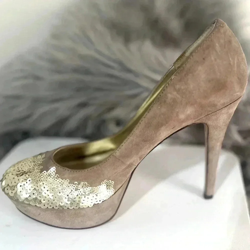 Nine West Tan and Gold Platform Heels